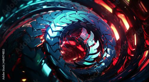 A swirling abstract vortex with dragon scale texture in red and blue hues.