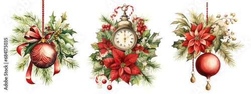  Set of nostalgic Christmas decoration elements clipart isolated on transparent background 
