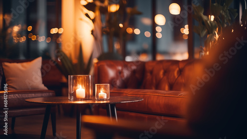 Photo of a cozy cafe interior decorated with comfortable sofas and dim lighting in the sunset