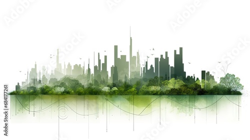 Green bar graph made from cityscape and lush greenery, a creative concept illustrating urban development's impact on the environment and the importance of sustainable growth