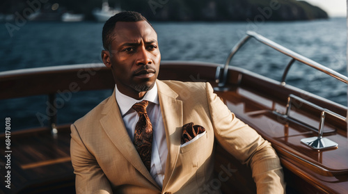 rich, handsome adult serious black African American man. Successful and elegant businessman standing on a luxury yacht on a summer day at sea. Wealth and success concept