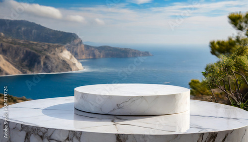 white marble podium with sea view on background high quality photo