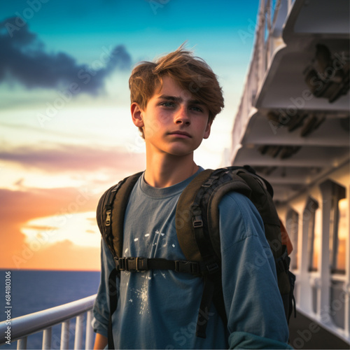 white boy that is 13 years old, on a modern cruise in the middle of the ocean with nothing surrounding