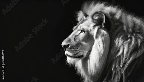 african lion profile portrait on black background spectacular dramatic king of animals proud dreaming panthera leo looking forward low key photo with copy space toned in black and white colors