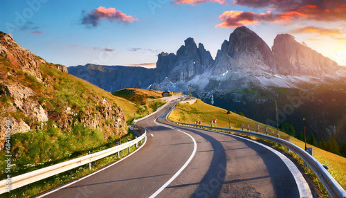 mountain road beautiful asphalt road in the evening incredible summer day vintage toning highway in mountains pass giau dolomites alps italy popular travel and hiking destination