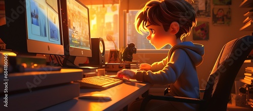 A boy sitting in front of laptop cartoon illustration
