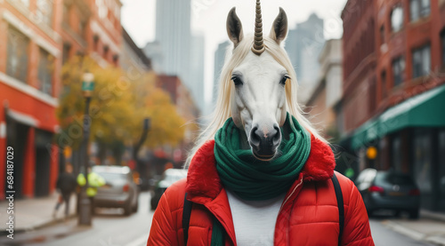 Funny unicorn horse in a suit and jacket for a fashion day party on a city background