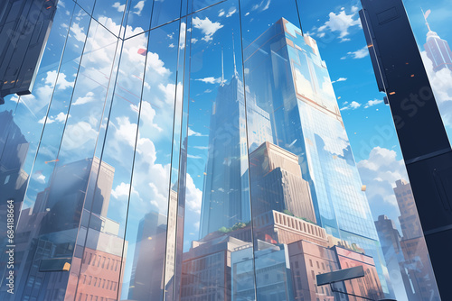 都会のビル群のガラスに反射する青空風景