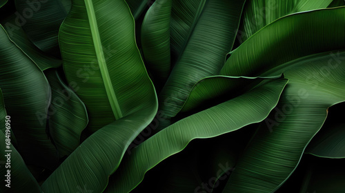  Banana leaves close up. Natural, green, tropical forest leaves background