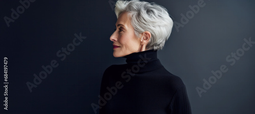 Middle age beautiful woman with stylish short haircut, female model hairstyle on gray background, health care concept