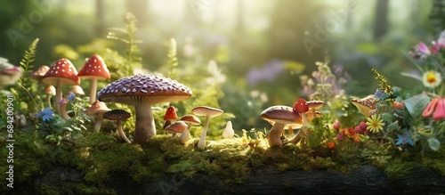 Gnomes and timber mushroom house and in the garden cartoon style on garden background illustration