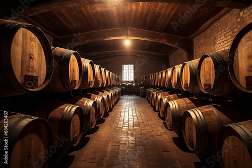 Wine barrels in a wine cellar. Oak Wine Barrels in winemaking and Winery Barrel room. Wooden oak barrels with whiskey in storage, Vintage Wine in an old barrel. Wood Wines Barrels In Winery Cellar.