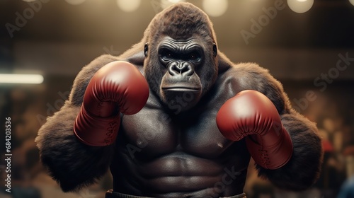 Masculine gorilla wants to fight wearing boxing gloves. logo for boxing sport.