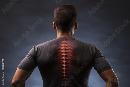 Back pain, male body torso back view, human spine