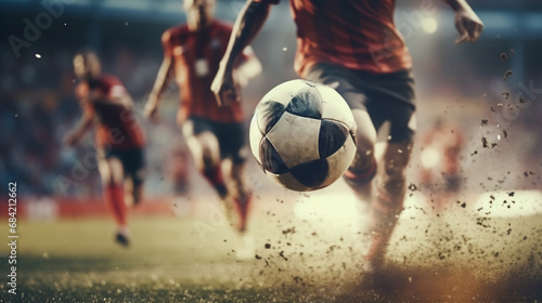 Close up of a football action scene. Close up of a soccer action scene in the stadium. Generative AI