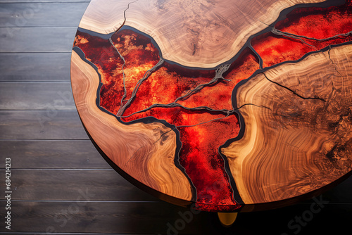 A wooden table with a red resin inlay on a dark wooden floor.