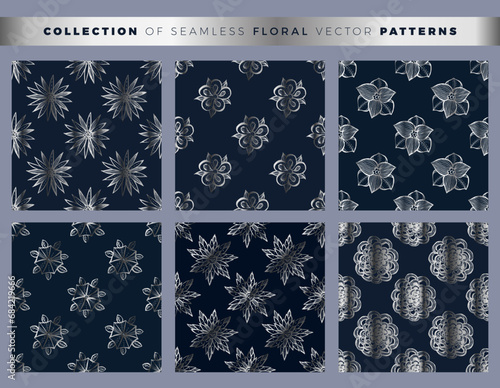 Collection of seamless floral patterns. Elegant design for packaging, wallpaper, textiles, wrapping paper, silver and blue cover. Vector illustration.