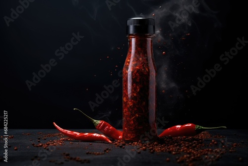 Chilly sauce or ketchup in glass bottle with red hot chili peppers on black background with smoke. Mexican paprika spice. Mockup for logo or design