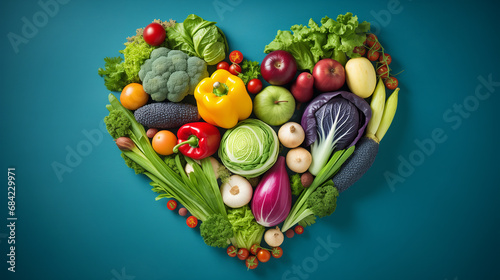 Fresh veggies Heartshaped on a blue backdrop Happy vegan day Vegetarian lifestyle eat trend celebrate healthy mockup