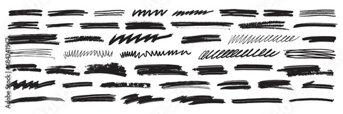 Underline brushstroke set, doodle line scribble, black pencil vector hand drawn divider collection. Sketch marker border, crayon stripe kit, grunge creative text decoration. Underline brushstroke