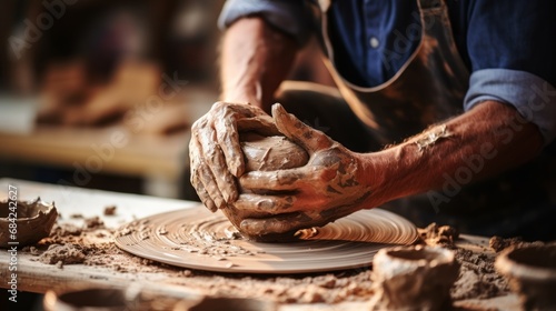 Traditional pottery making, artist at work, hands shaping clay