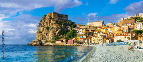  scenic places of Italy . beautiful beaches and towns of Calabria - medieval Scilla town . Italian summmer holidays.