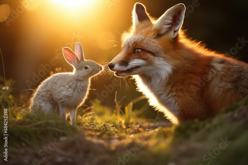 A red fox next to a white hare in nature, in sunlight. Close-up. Side view.
