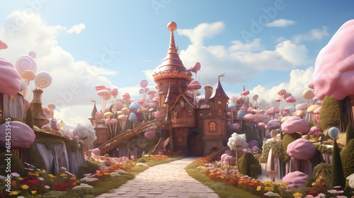  Whimsical Chocolate Factory, where candy gardens bloom with marshmallow flowers, and a chocolate river flows beneath a sky of spun sugar