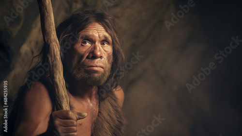 Neanderthal equipped with lance, challenging Homo Sapiens anthropology and evolutionary speculation.
