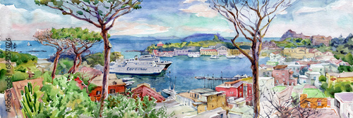 Watercolor painting of the seaside town. Ischia Italy. Wide web banner. Volcano Vesuvius on the horizon