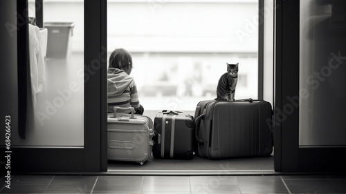  little girl packs her bags, preparing to set off pace around. little girl organizing her luggage while the cats roam nearby.