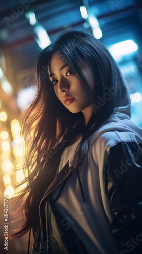 Beautiful Chinese hip-hop girl, long hair fluttering slightly, backlight effect