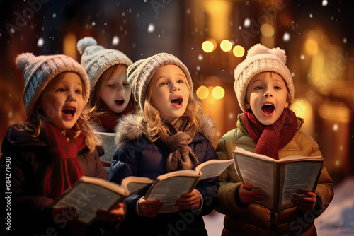 coro de niños pequeños cantando villancicos navideños en una calle bajo la nieve vestidos con ropa de invierno