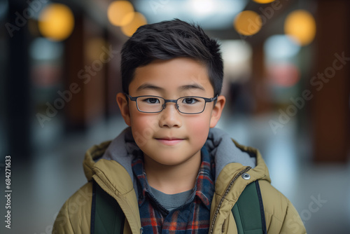 portrait of a boy of asian origin, cute child looking to the camera, smiling, coming home from school with a schoolbag on his back, wearing glasses, good student, top of the class, coat and shirt