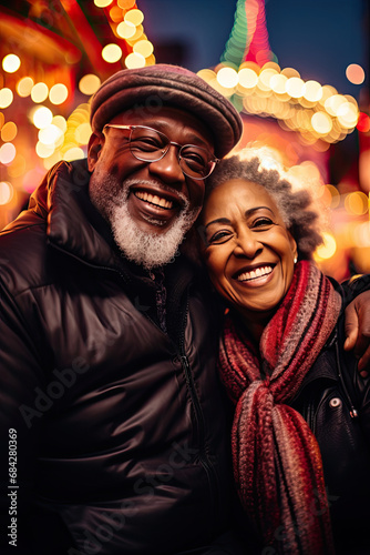 Joyful senior African American couple embracing at a festive amusement park representing love companionship and multicultural relationships
