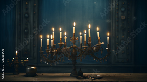 Brass candelabra with white candles on table in dark room with blue curtains and door. Elegant and spooky atmosphere with light and shadows