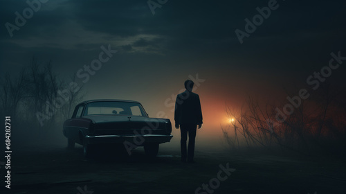 True crime suspenseful scene with the silhouette of a man, either a criminal, detective, or police officer, next to a car on a dark and foggy night in an open field and the light of a flashlight