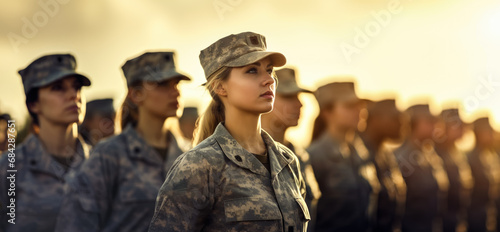 Group of women in military uniforms standing at army ceremony or presentation. Generative AI