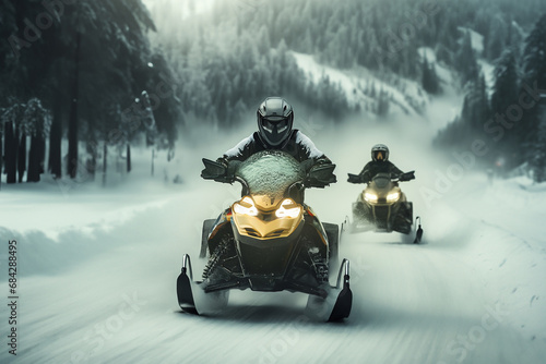 Guys driving snowmobiles through the winter landscape.