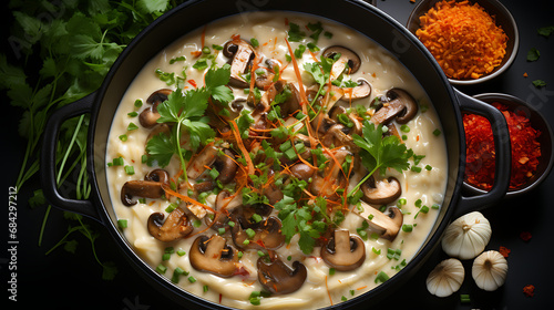 stew with vegetables - Pan full Mushroom soup. top view, commercial product design shot - food art