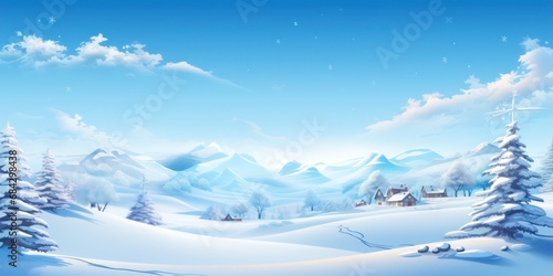 Beautiful snowy landscape with mountains and trees covered in snow