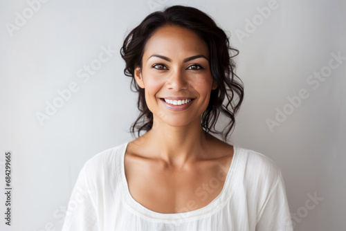 Smiling 40 year old woman posing in front of a white wall.