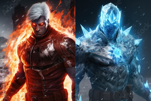 An ice-themed superhero and a fire-themed villain in combat