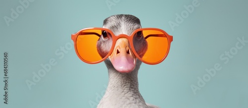 Portrait of a funny goose with yellow glasses isolated on blue background