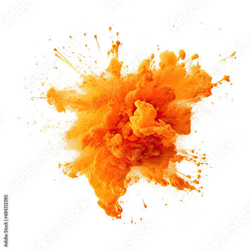 Orange holi powder explosion isolated on transparent background.