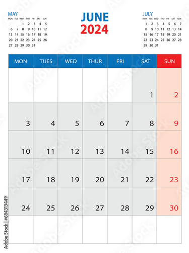 Calendar 2024 template - June 2024 year, week start on monday, Wall calendar 2024 design, Desk calendar template, corporate planner, Stationery, organizer diary, printing media, vector