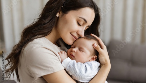 Loving mom carying of her newborn baby at home. Bright portrait of happy mum holding sleeping infant child on hands