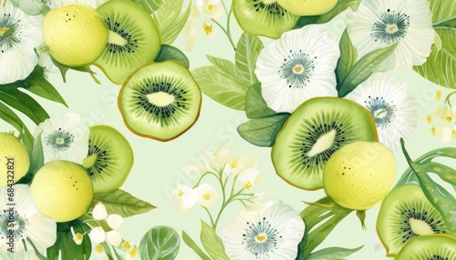 fresh seamless pattern with collection kiwi , blossoms and lime slices in clipart watercolor design 