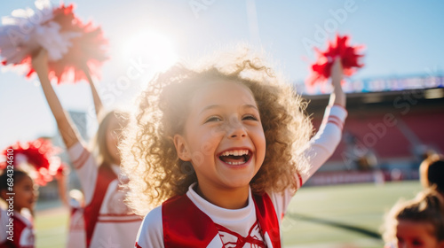Happy cheerleader in action on the professional stadium close up portrait.
