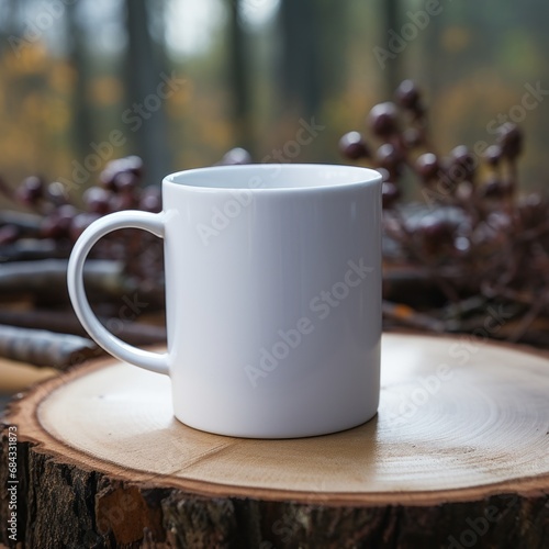 blank white mug mock up of coffee resting in nature, resting on the sawn-off tree stump,